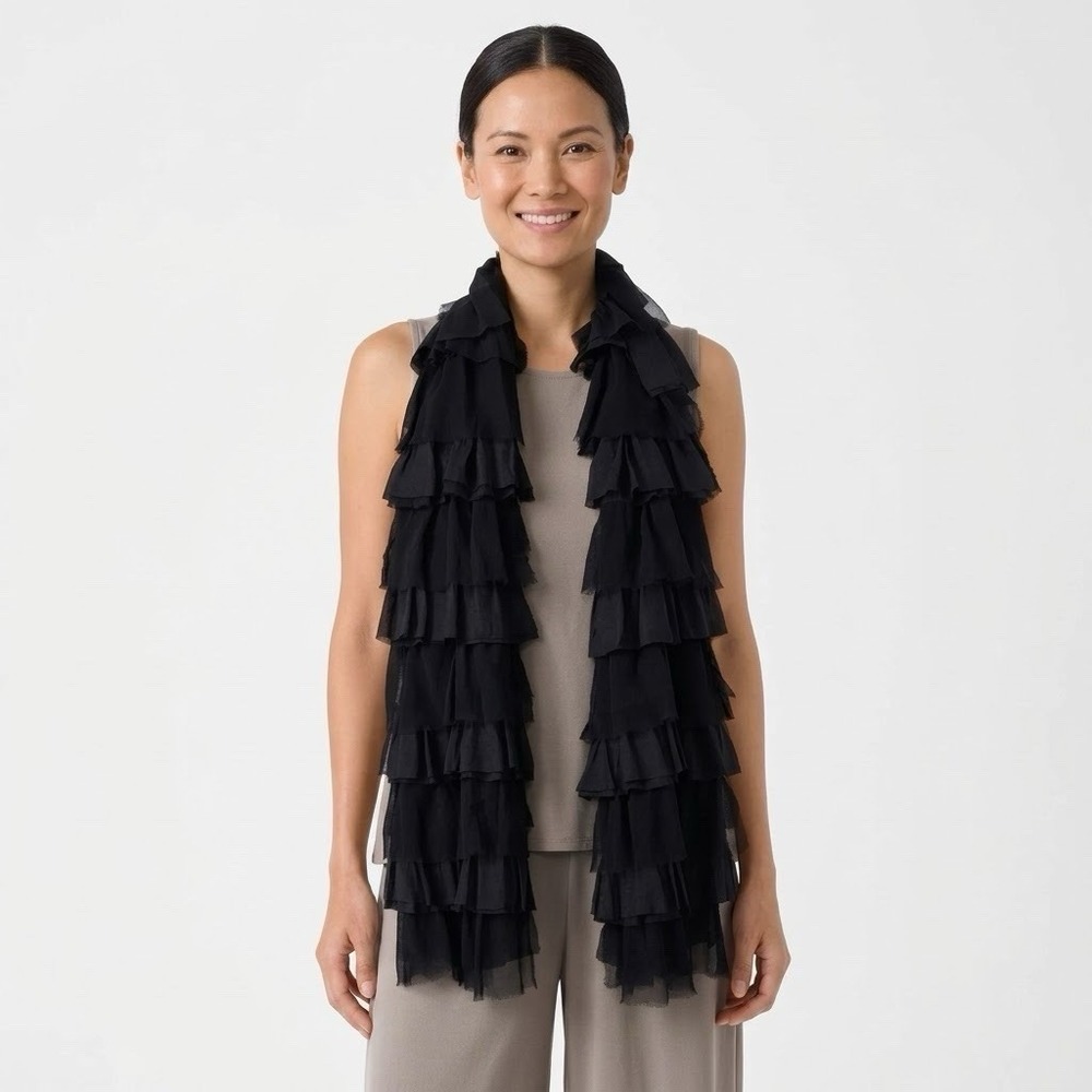 Eileen Fisher 100% Silk Ruffled Tiered Black Scarf Womens Luxury Layering 65x13